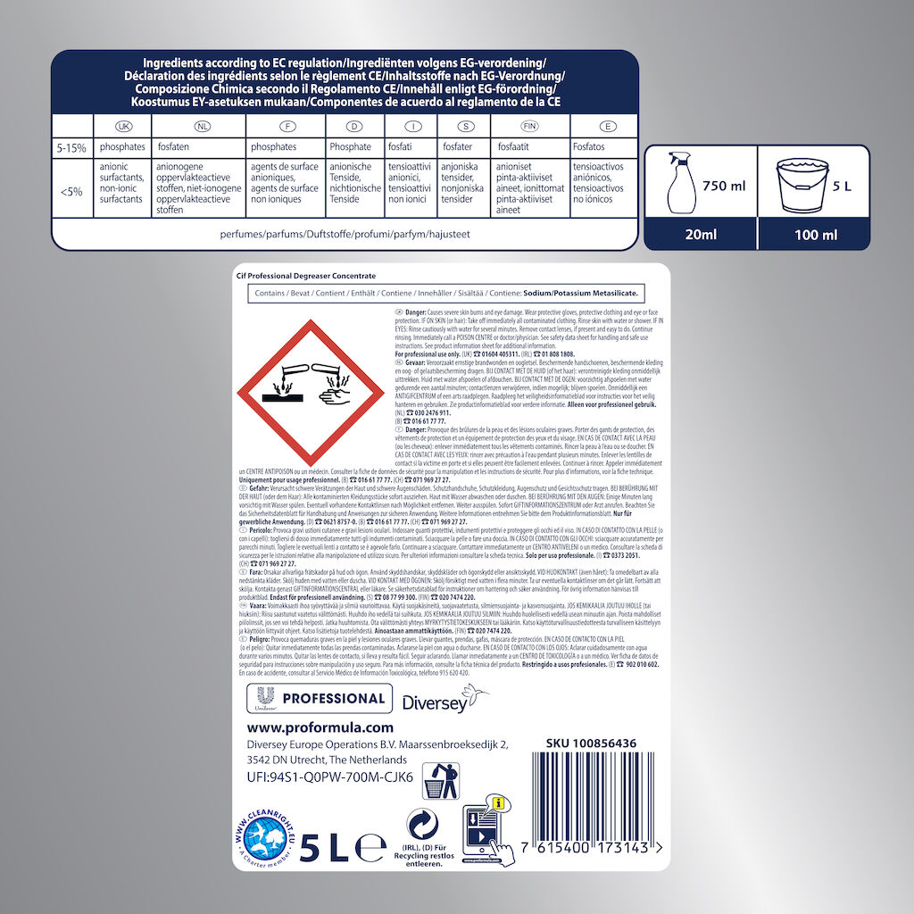 Cif Pro Formula Degreaser Concentrate 2x5L - Συμπυκνωμένο υγρό καθαριστικό για απομάκρυνση ισχυρών ρύπων.